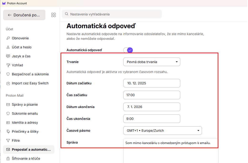 email out of office Proton Mail