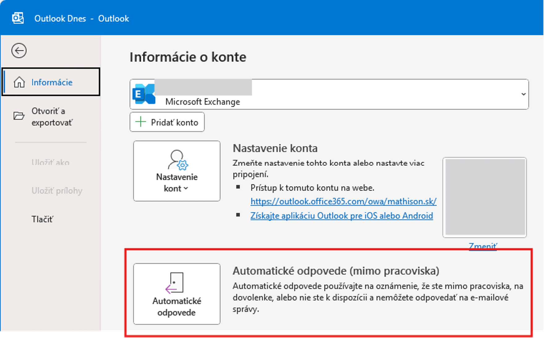 mimo kancelárie Outlook