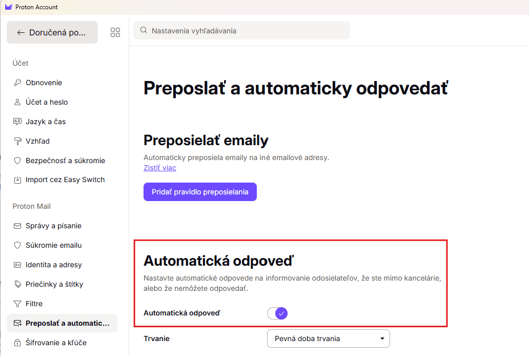 automatická odpoveď Proton Mail