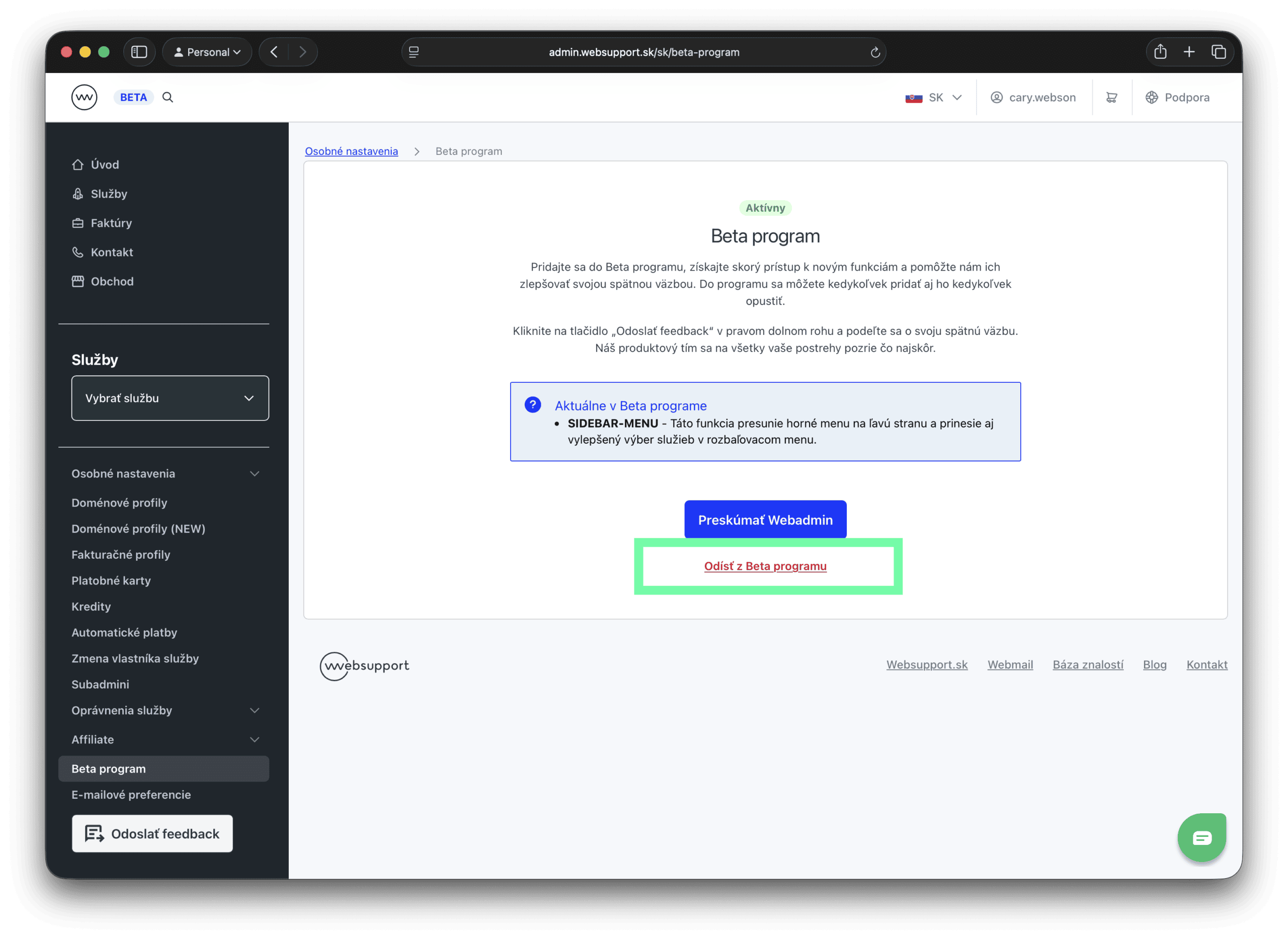 Odhlásenie sa z Beta programu vo WebAdmine Websupportu