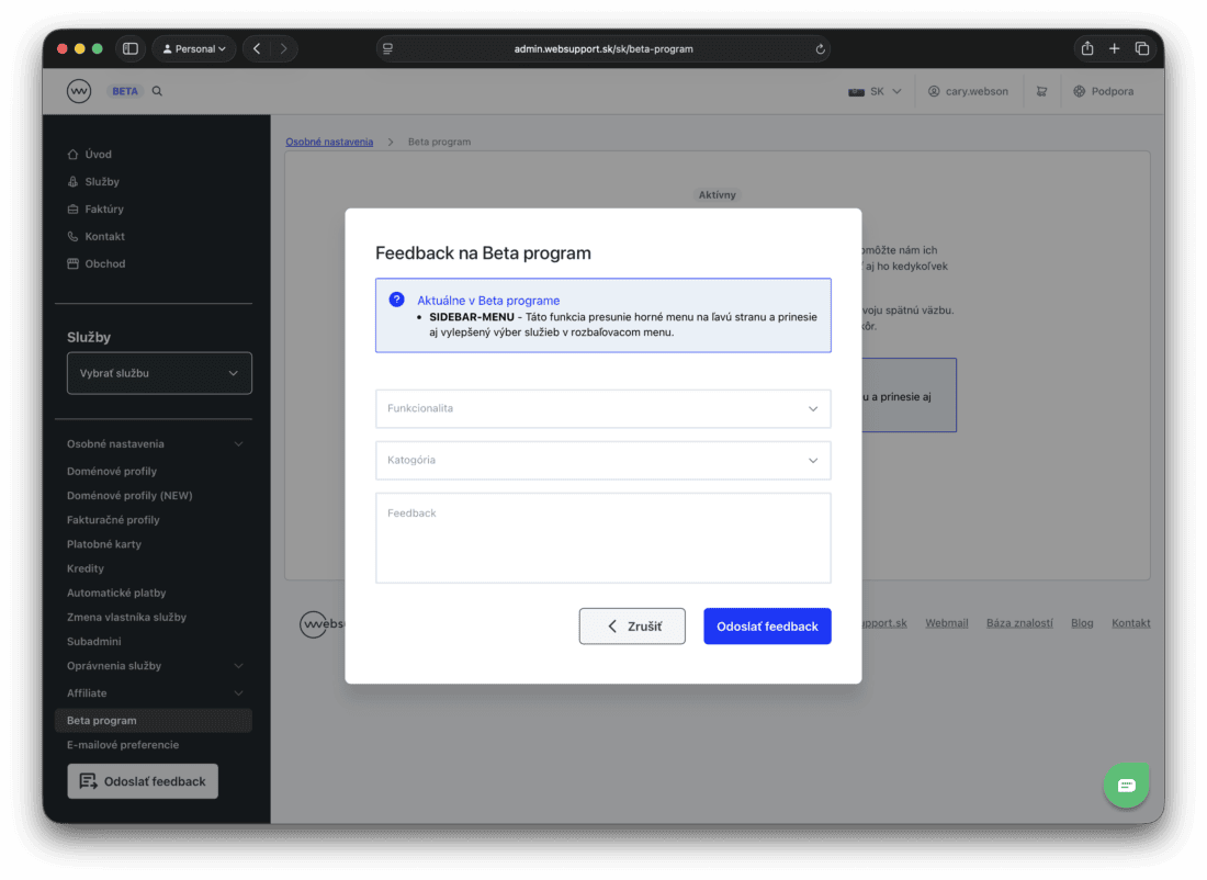 Formulár pre spätnú väzbu na Beta program vo Websupporte