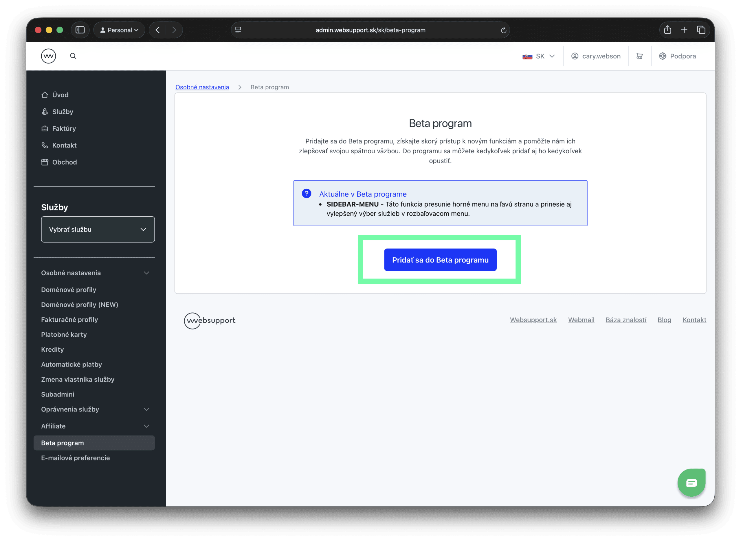 Prihlásenie do Beta programu vo WebAdmine Websupportu