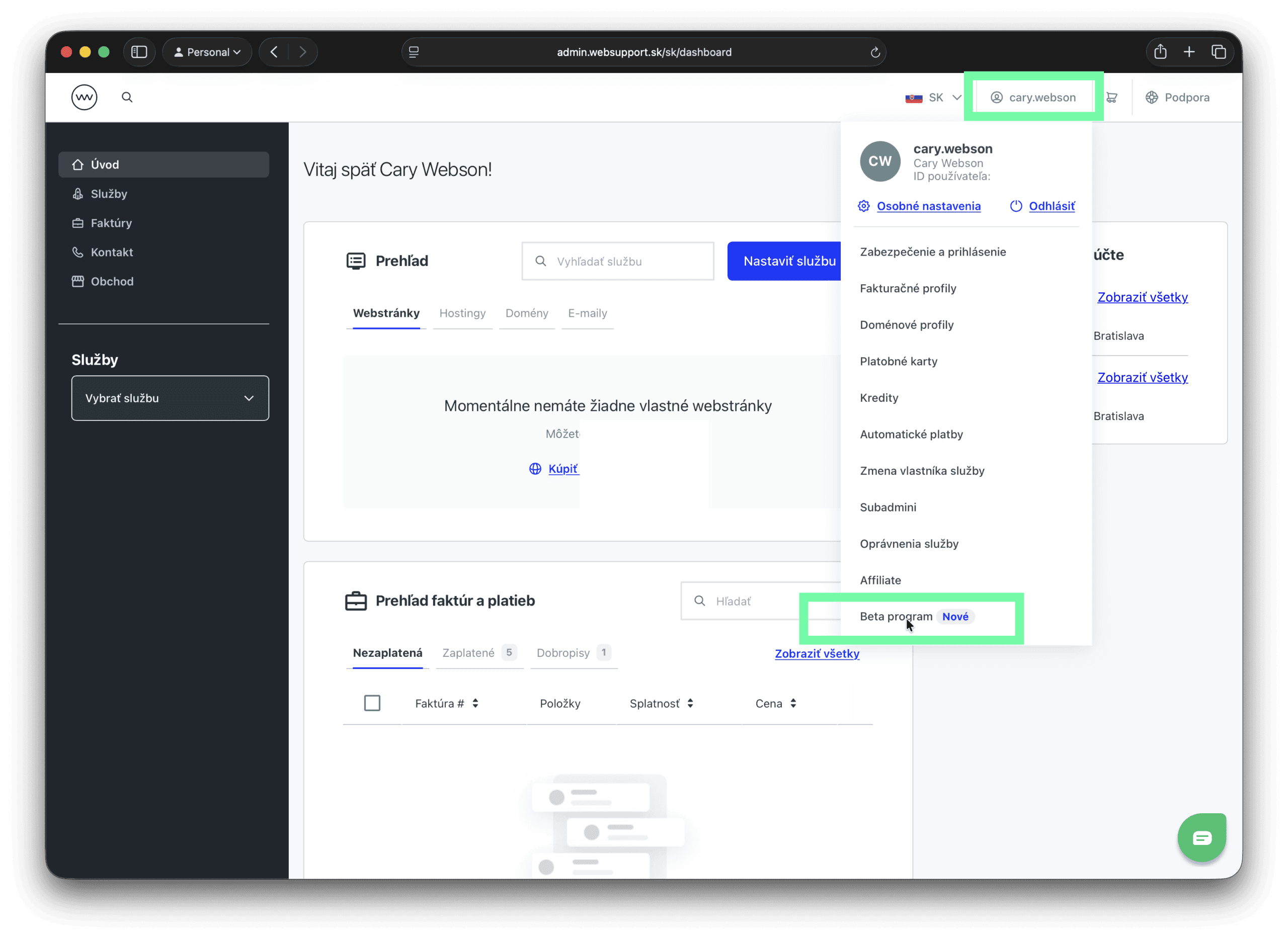 Menu vo WebAdmine Websupportu pre Beta program